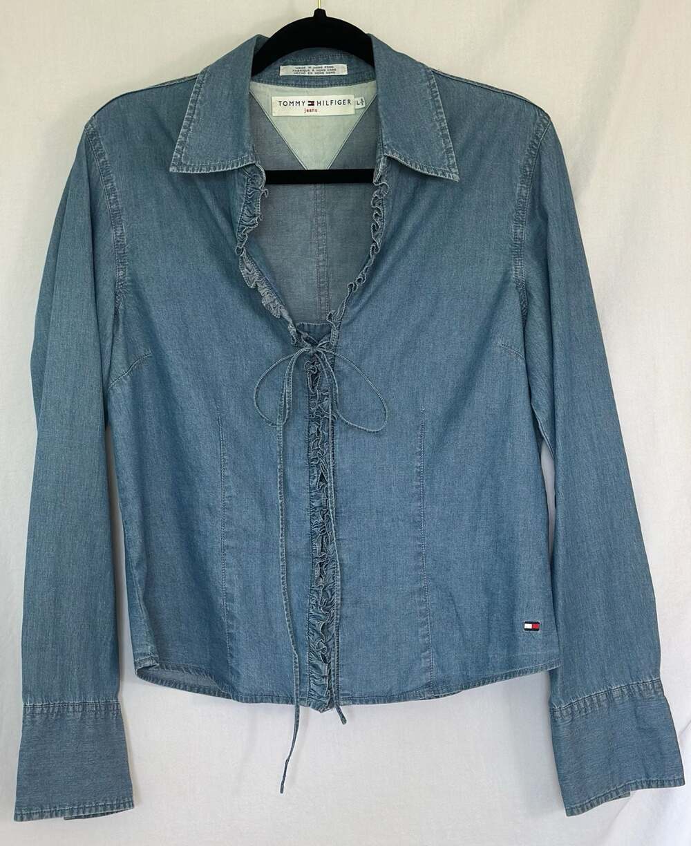 Tommy Hilfiger Jeans Vintage Y2K Chambray Denim Lace-Up Ruffle Blouse - Large